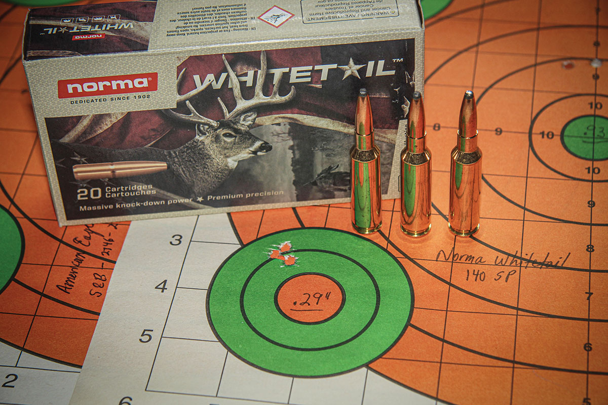 Norma’s Whitetail Country factory ammo, loaded with 140-grain soft point bullets, assembled the tightest group of the test, three shots grouping into .29-inch at 1 yard and sent at 2,646 fps.